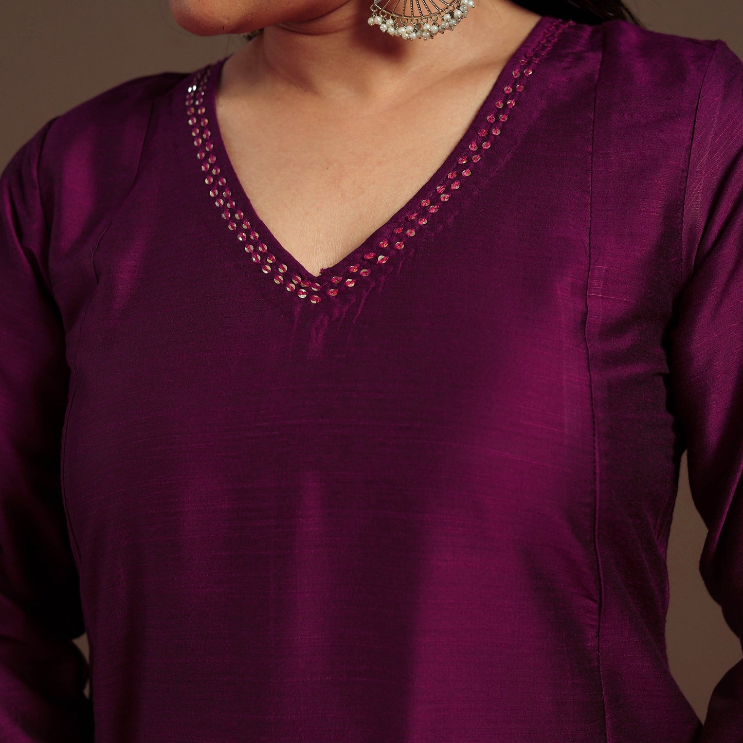 Purple Slub Silk A-Line Plain Kurta with Hand Embroidery