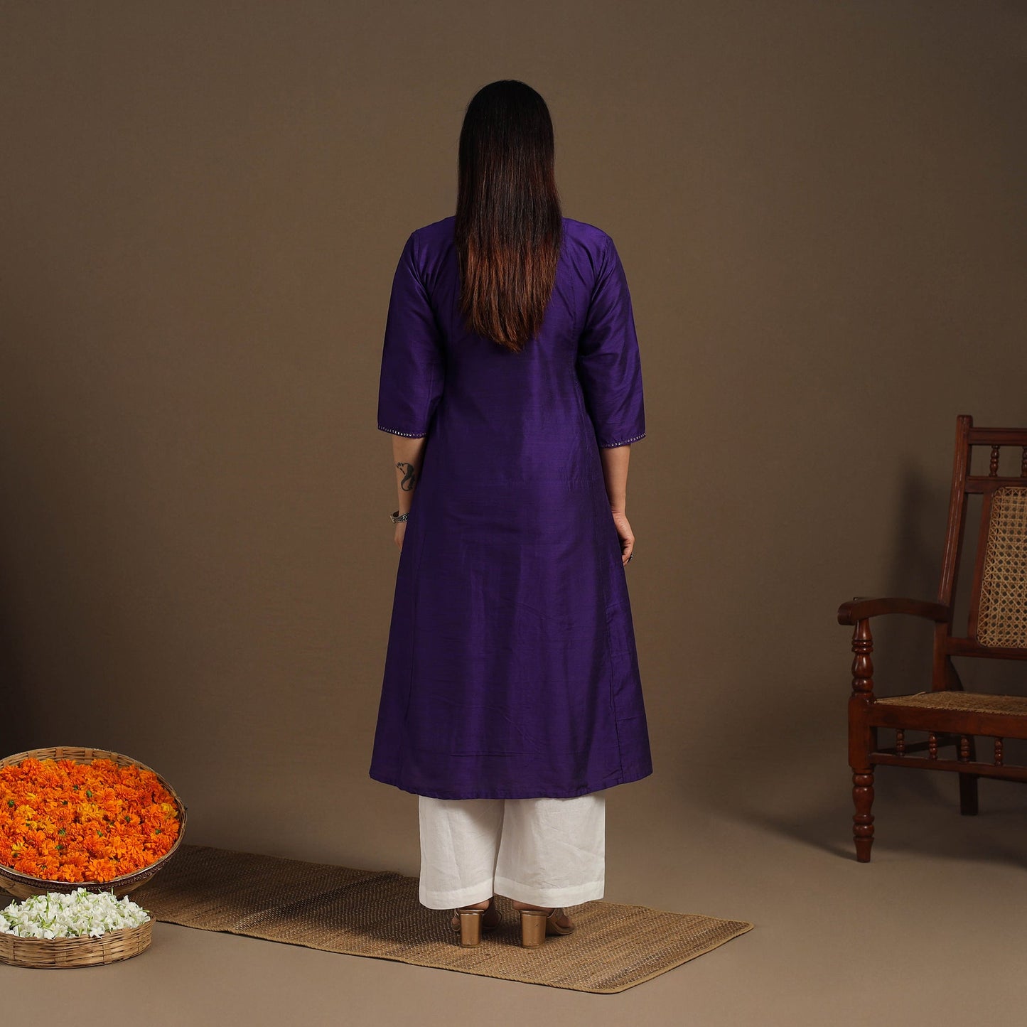 Purple Slub Silk A-Line Plain Kurta with Hand Embroidery