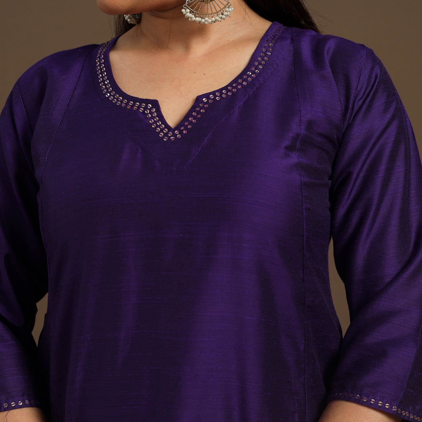 Purple Slub Silk A-Line Plain Kurta with Hand Embroidery