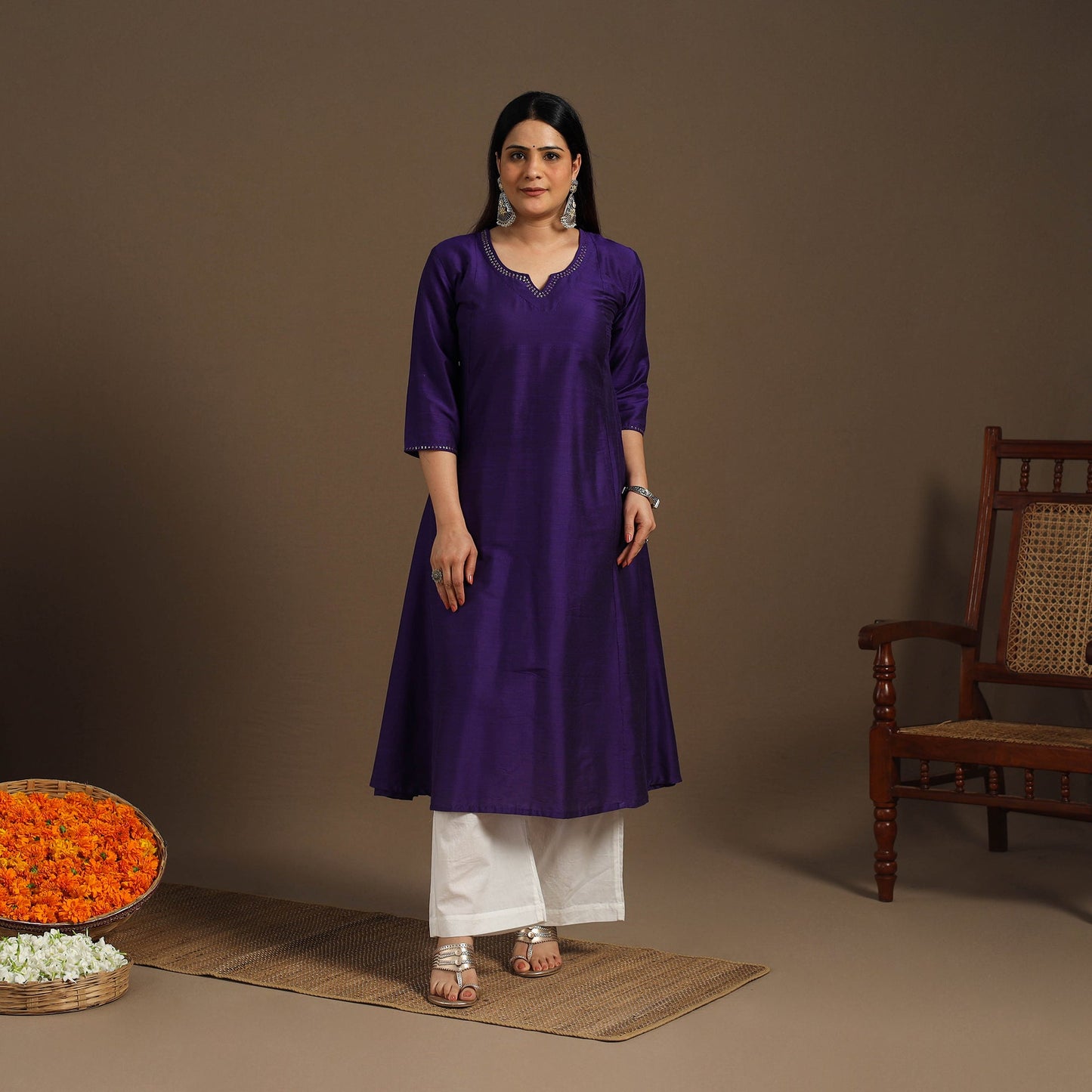 Purple Slub Silk A-Line Plain Kurta with Hand Embroidery