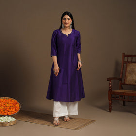 Purple Slub Silk A-Line Plain Kurta with Hand Embroidery
