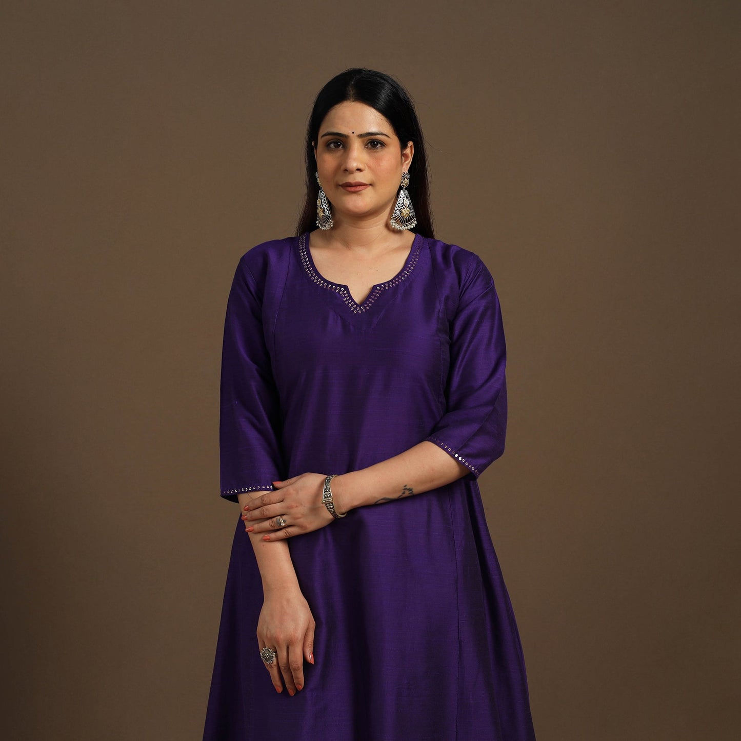 Purple Slub Silk A-Line Plain Kurta with Hand Embroidery