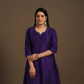 Purple Slub Silk A-Line Plain Kurta with Hand Embroidery