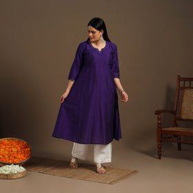 Purple Slub Silk A-Line Plain Kurta with Hand Embroidery