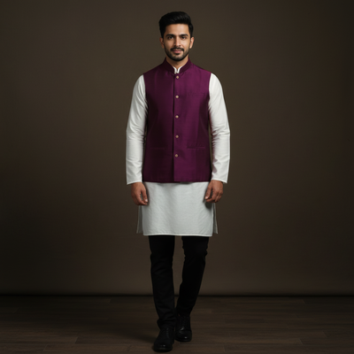 Slub silk men plain nehru jacket 04 - handcrafted