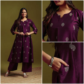 Spun dupion viscose silk thread buti 2pc kurta set