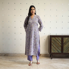  Purple Straight Cotton Block Print Sanganeri Kurta