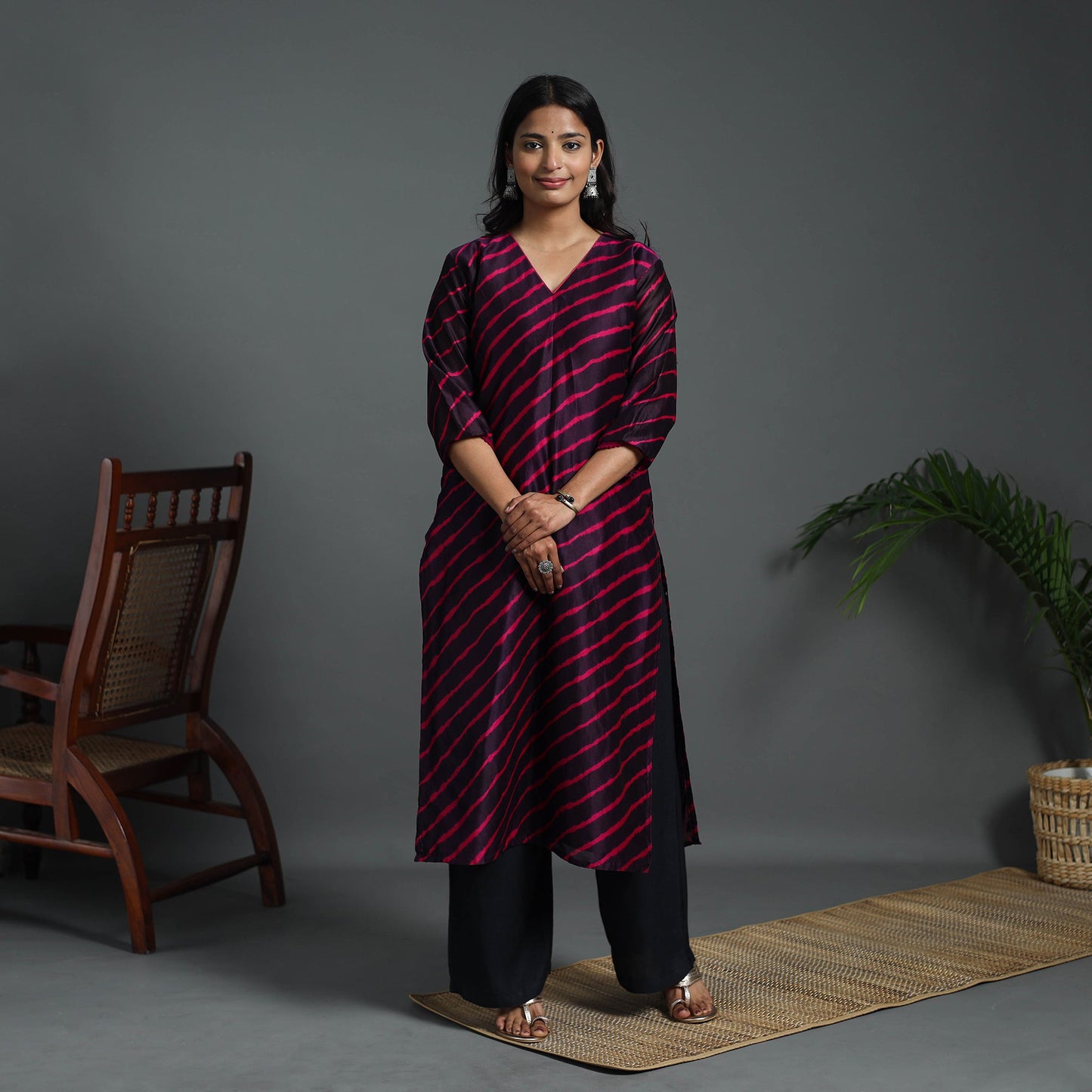 Straight Purple Handloom Chanderi Silk Tie-Dye Leheriya Kurta