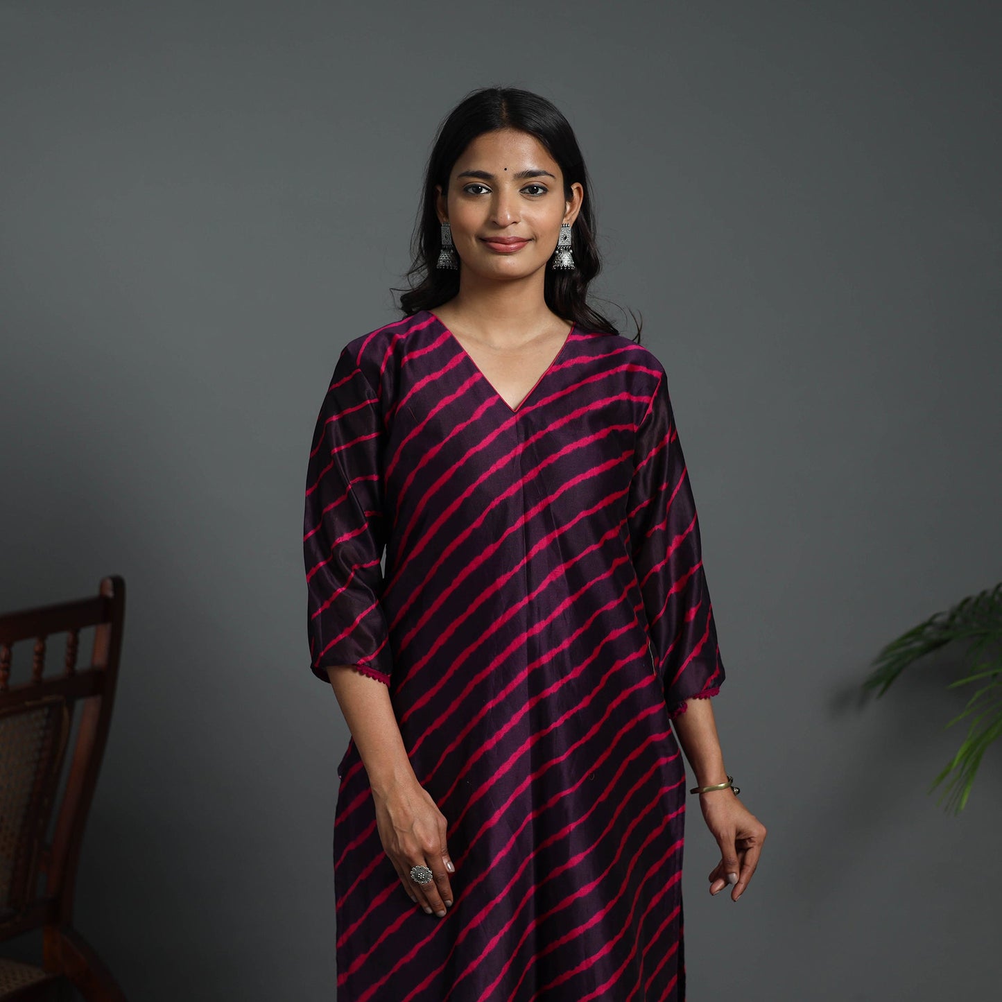 Straight Purple Handloom Chanderi Silk Tie-Dye Leheriya Kurta