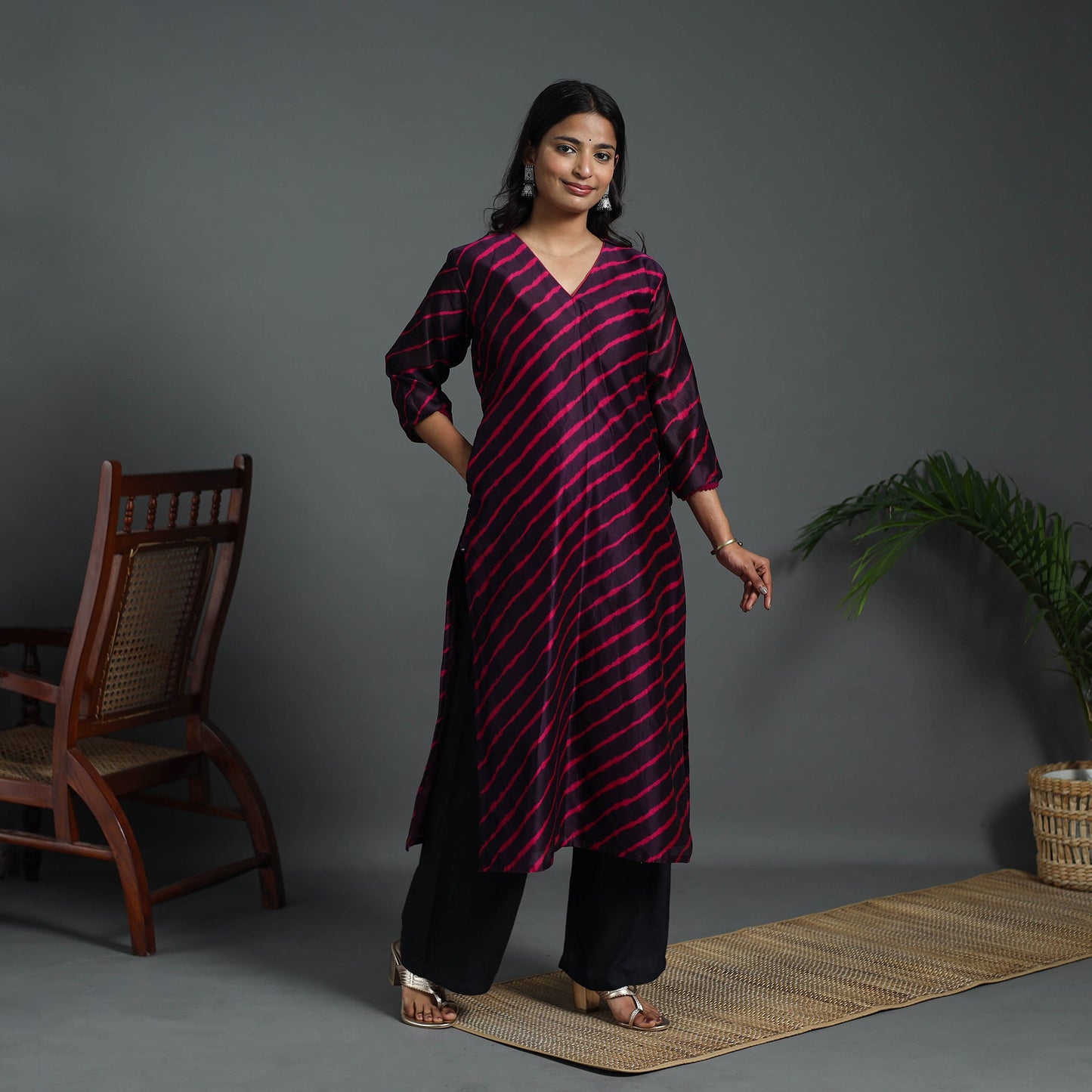 Straight Purple Handloom Chanderi Silk Tie-Dye Leheriya Kurta