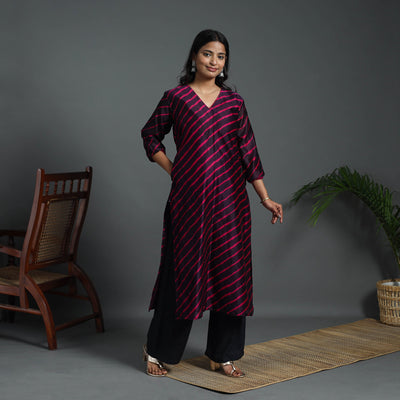 Straight Purple Handloom Chanderi Silk Tie-Dye Leheriya Kurta