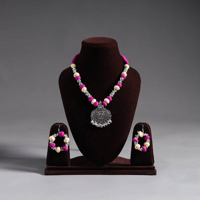  Pink Thread Beads Handmade German Silver Necklace Set