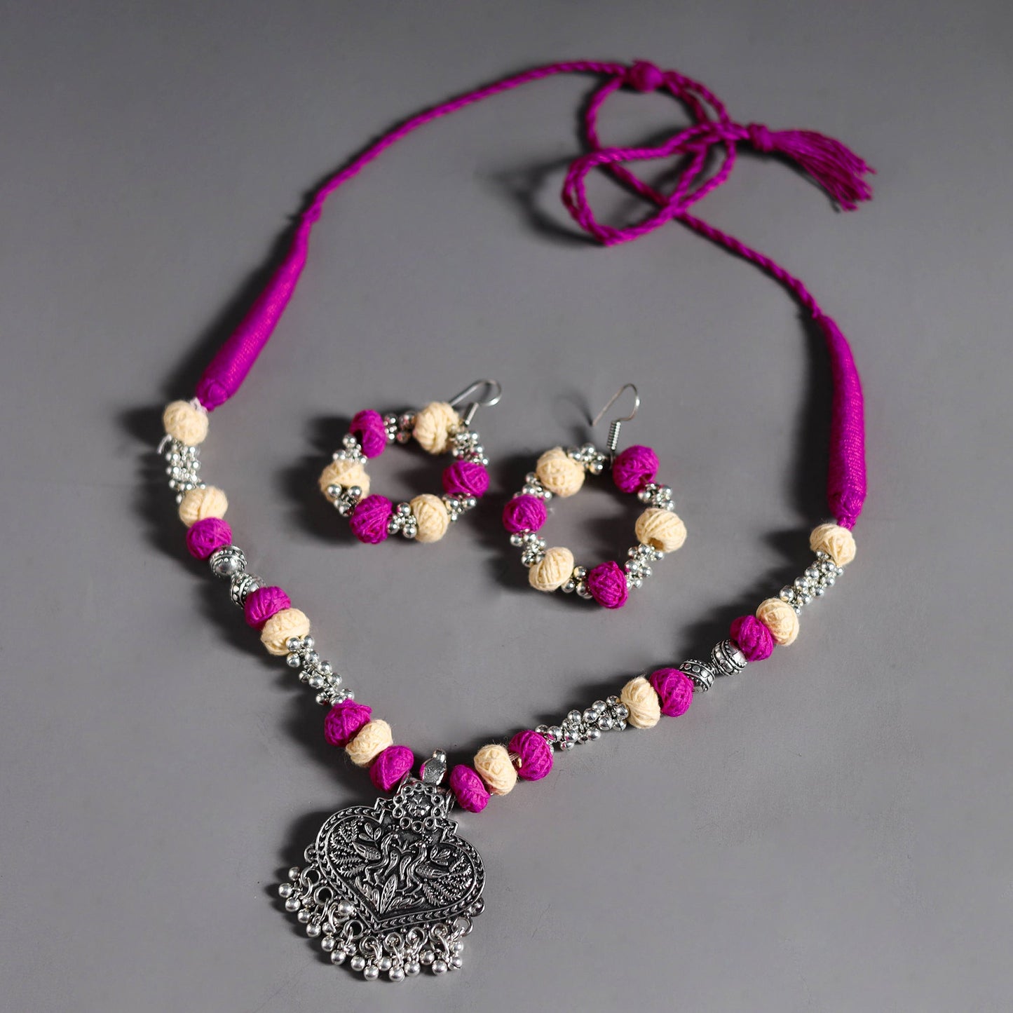  Pink Thread Beads Handmade German Silver Necklace Set