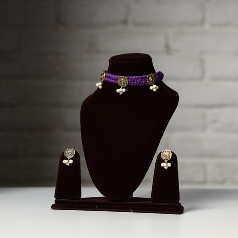 Purple - thread work german silver necklace set 19