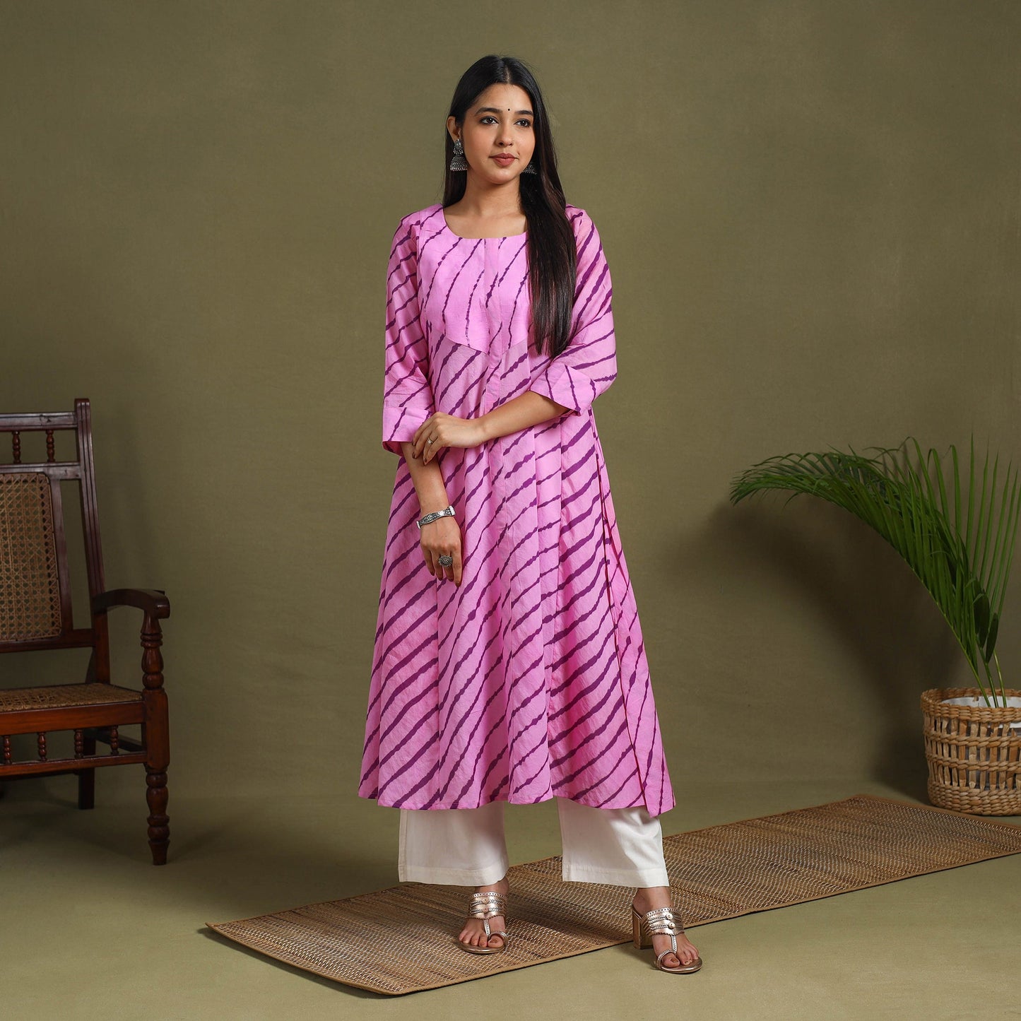 Purple Tie-Dye Cotton A-Line Leheriya Kurta