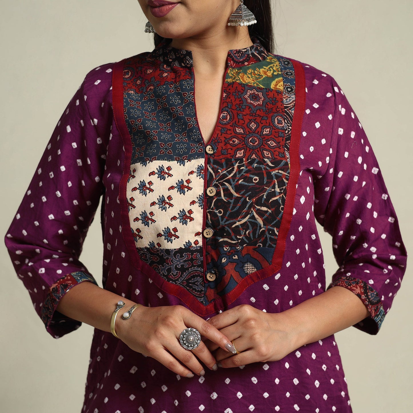 Purple Tie-dye Cotton Patchwork Straight Bandhani Kurta for Women