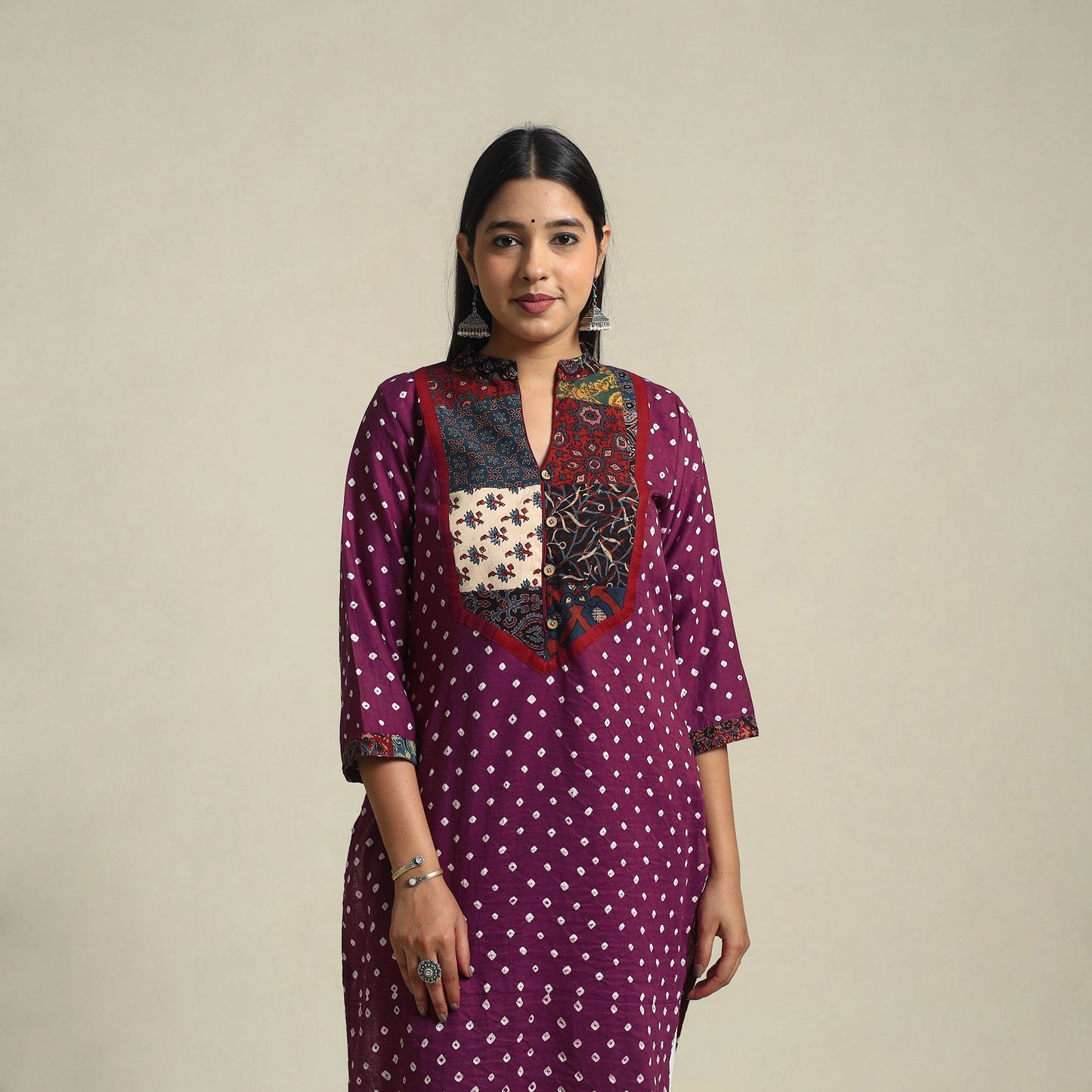 Purple Tie-dye Cotton Patchwork Straight Bandhani Kurta for Women