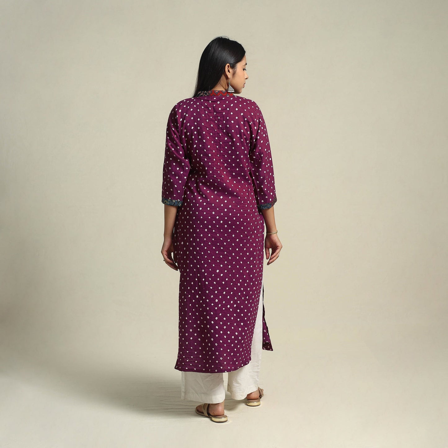 Purple Tie-dye Cotton Patchwork Straight Bandhani Kurta for Women