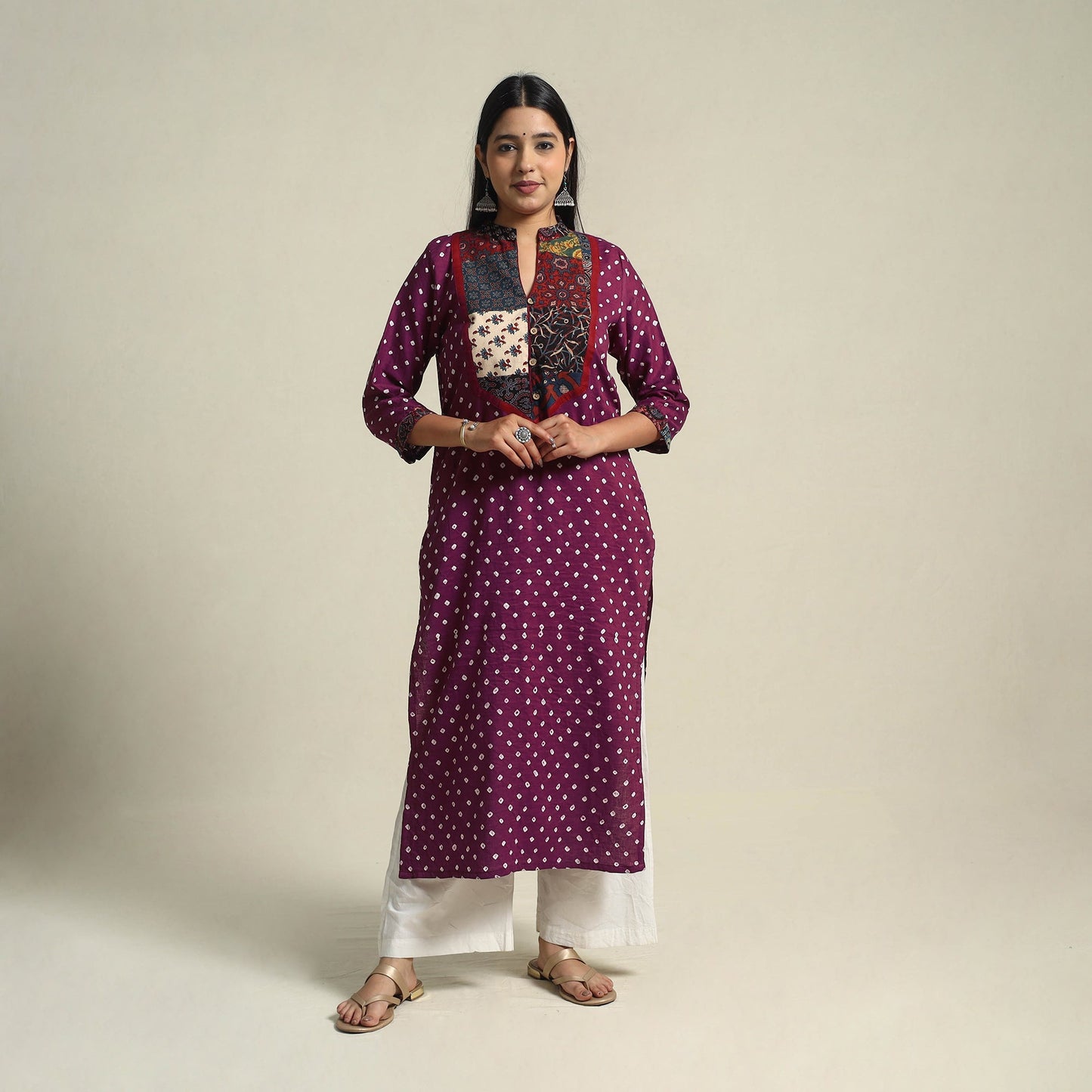 Purple Tie-dye Cotton Patchwork Straight Bandhani Kurta for Women