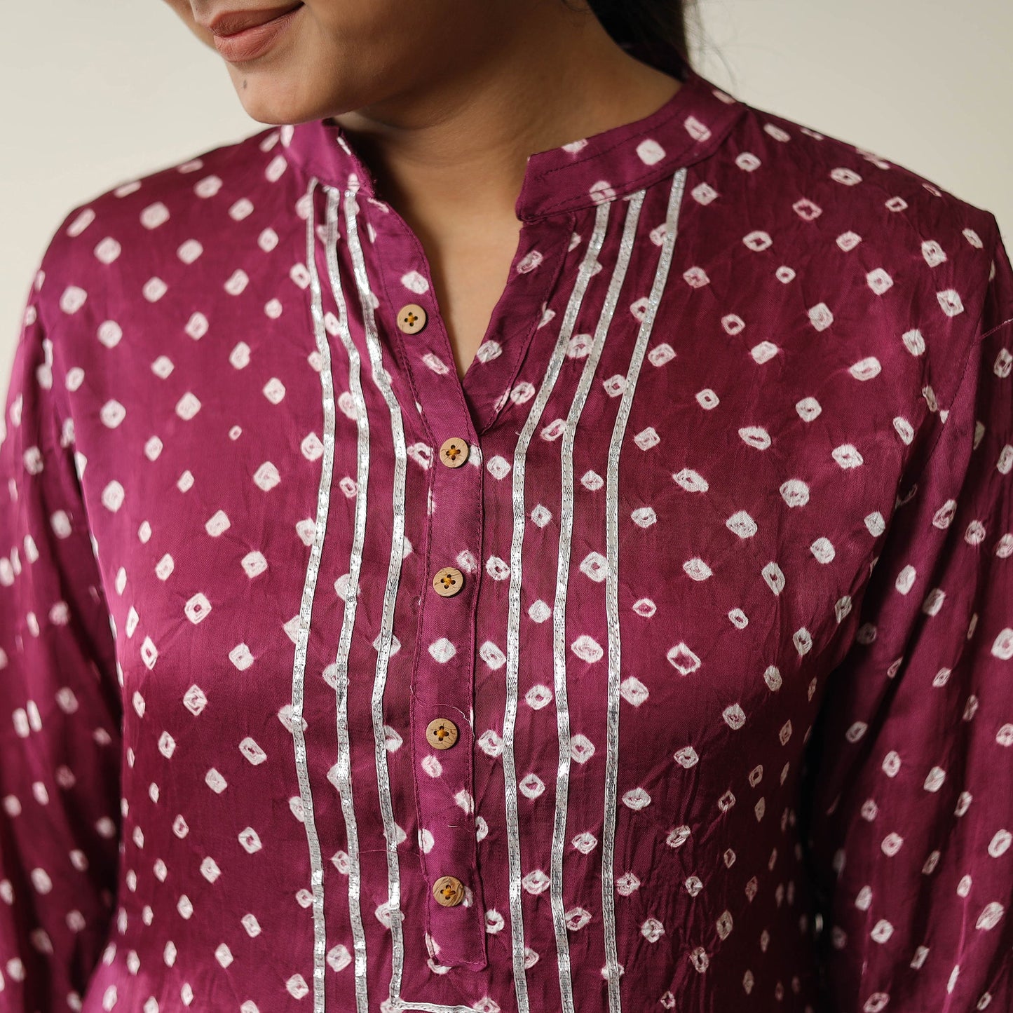 Purple Tie & dye Modal Silk Straight Bandhani Kurta for Women