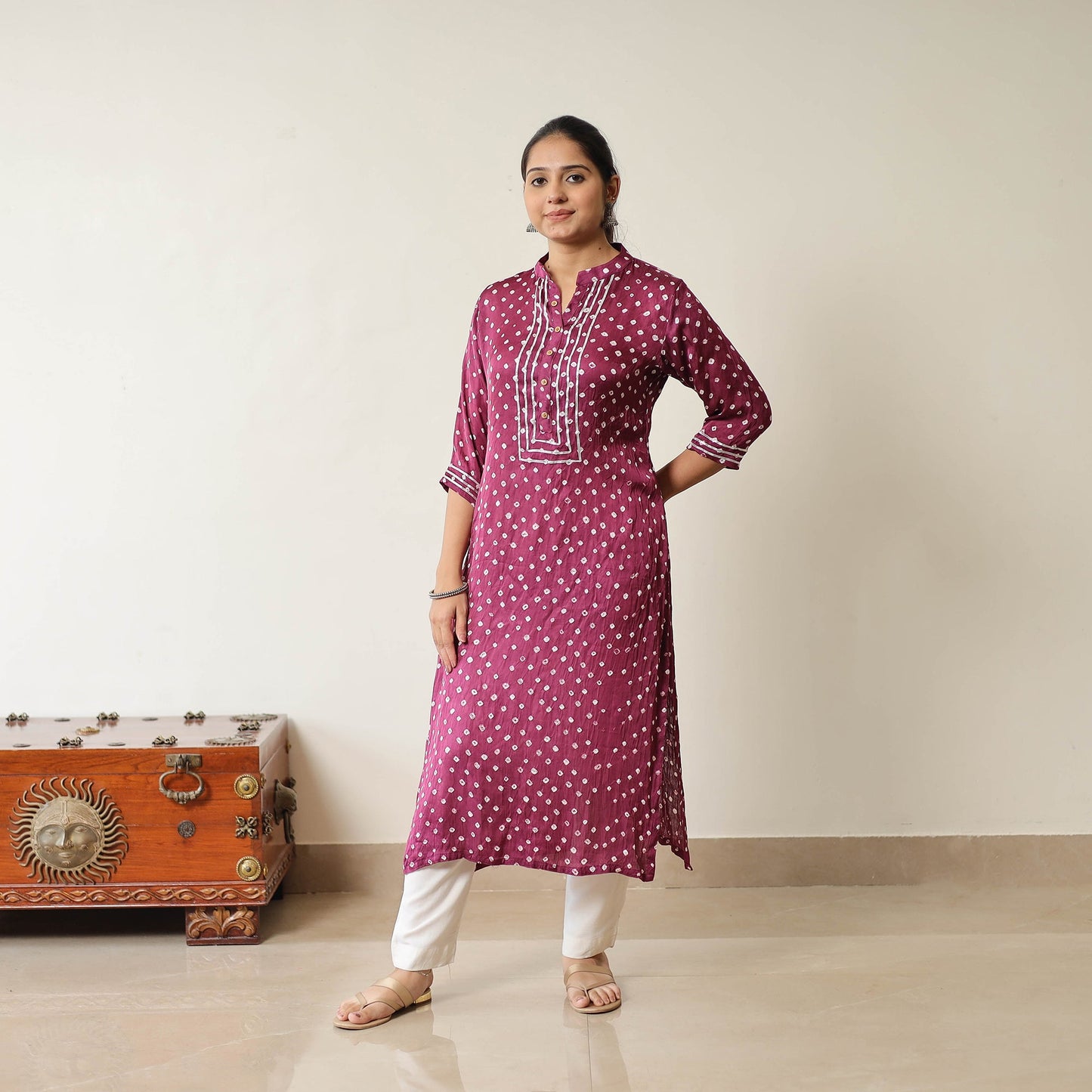 Purple Tie & dye Modal Silk Straight Bandhani Kurta for Women