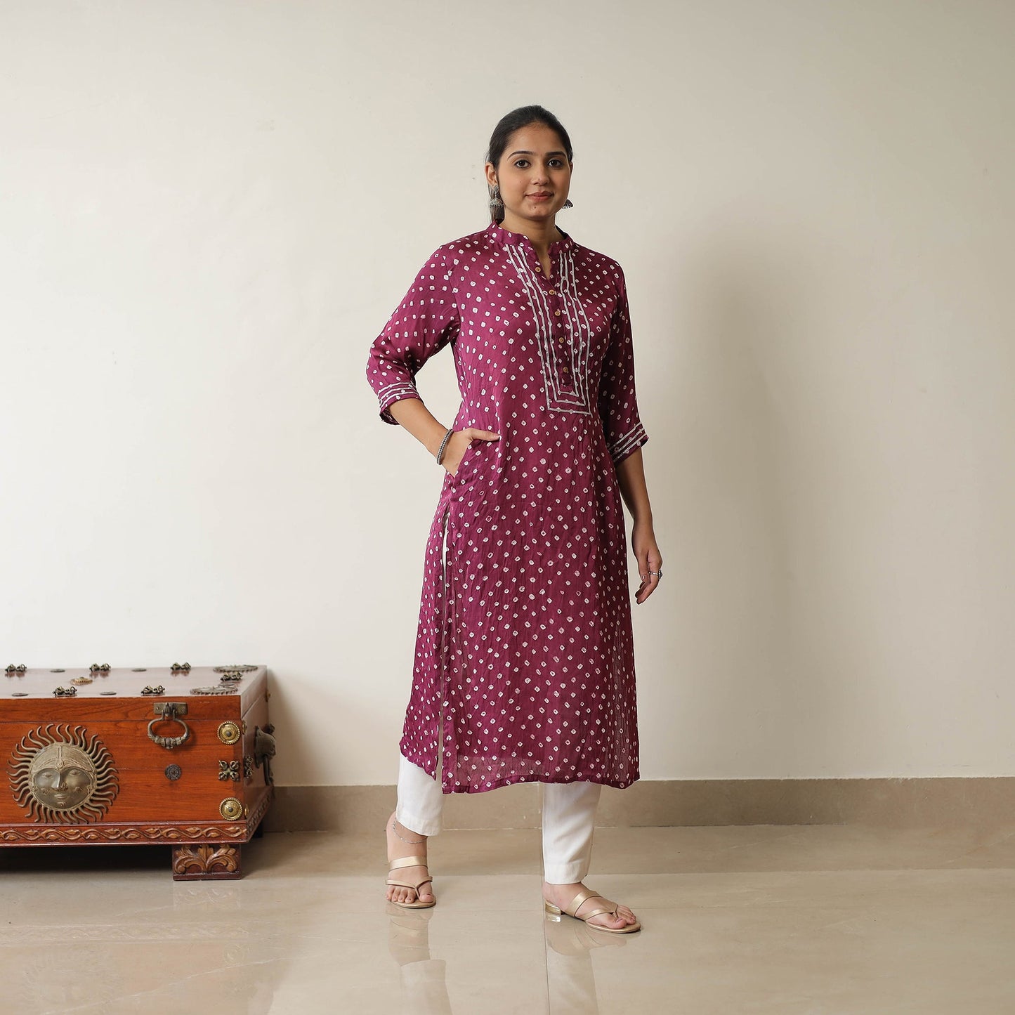 Purple Tie & dye Modal Silk Straight Bandhani Kurta for Women