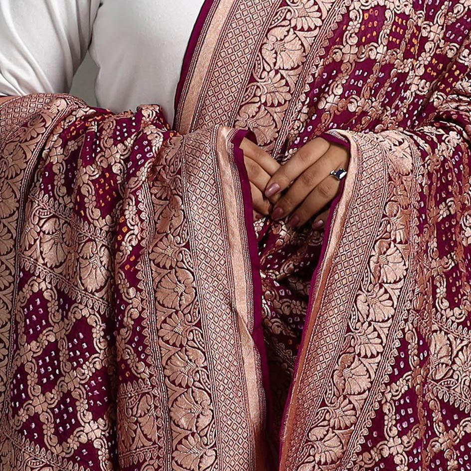 Tie-Dye Neem Zari Jaal Georgette Banarasi Bandhani Dupatta