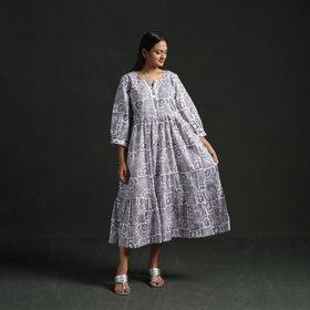Tiered flared lace work cotton hand block batik print dress
