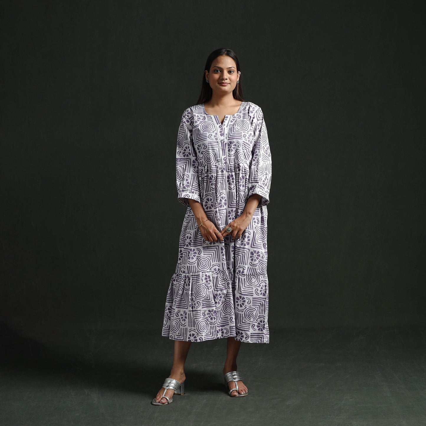 Tiered flared lace work cotton hand block batik print dress