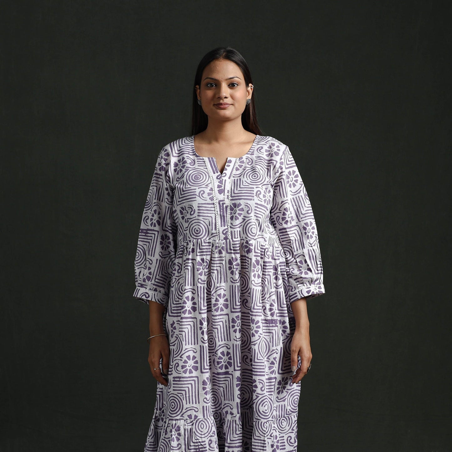 Tiered flared lace work cotton hand block batik print dress