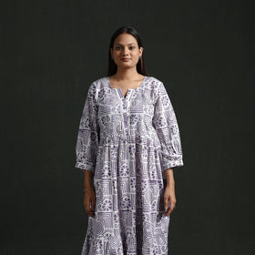 Tiered flared lace work cotton hand block batik print dress