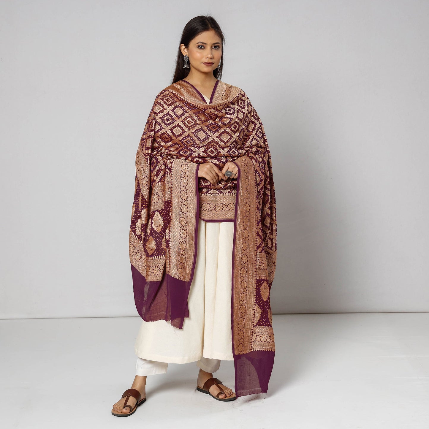  Traditional Kutch Neem Zari Jaal Work Bandhani Tie-Dye Georgette Banarasi Dupatta 