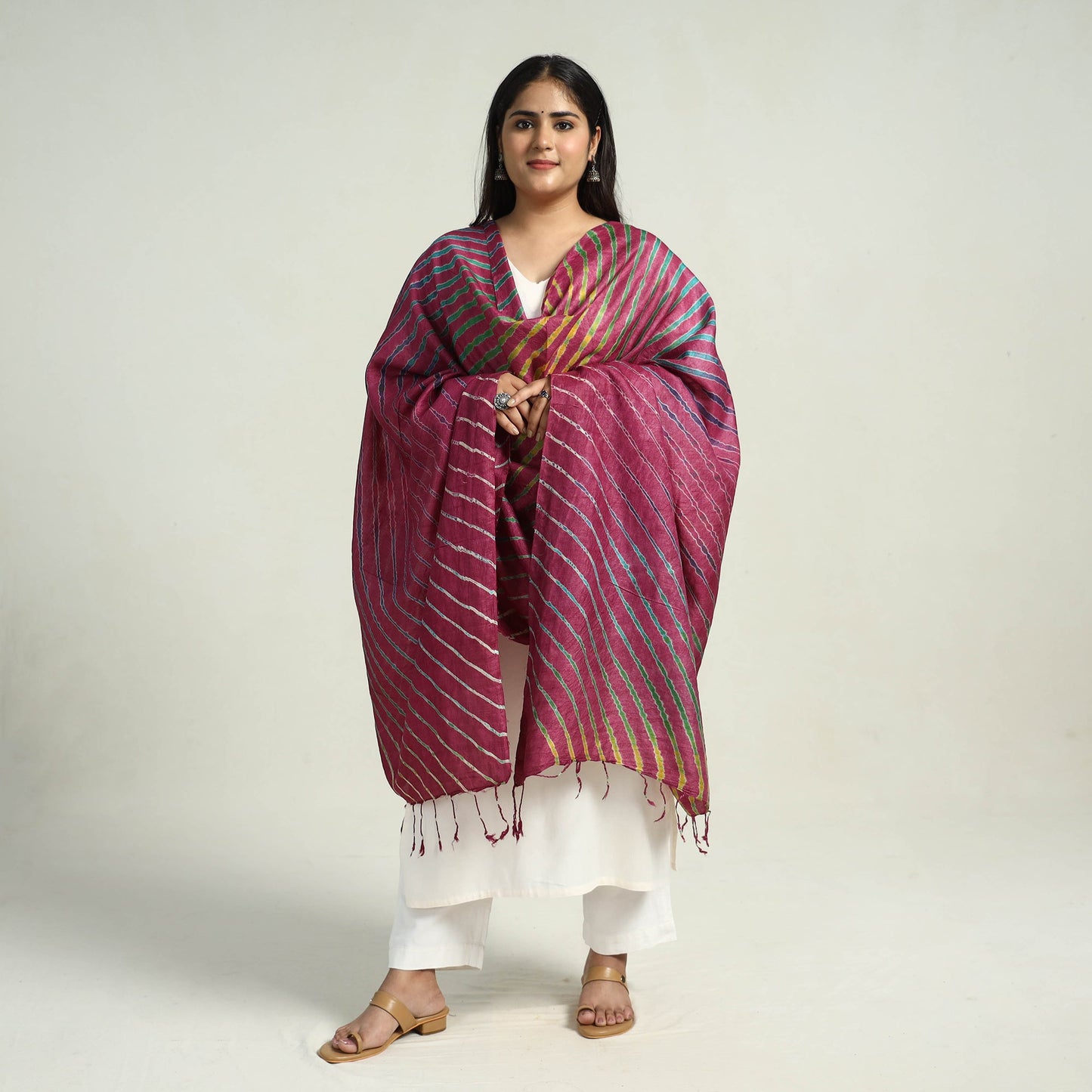 Purple Traditional Tie & Dye Tussar Silk Leheriya Dupatta