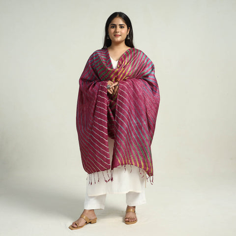 Purple Traditional Tie & Dye Tussar Silk Leheriya Dupatta