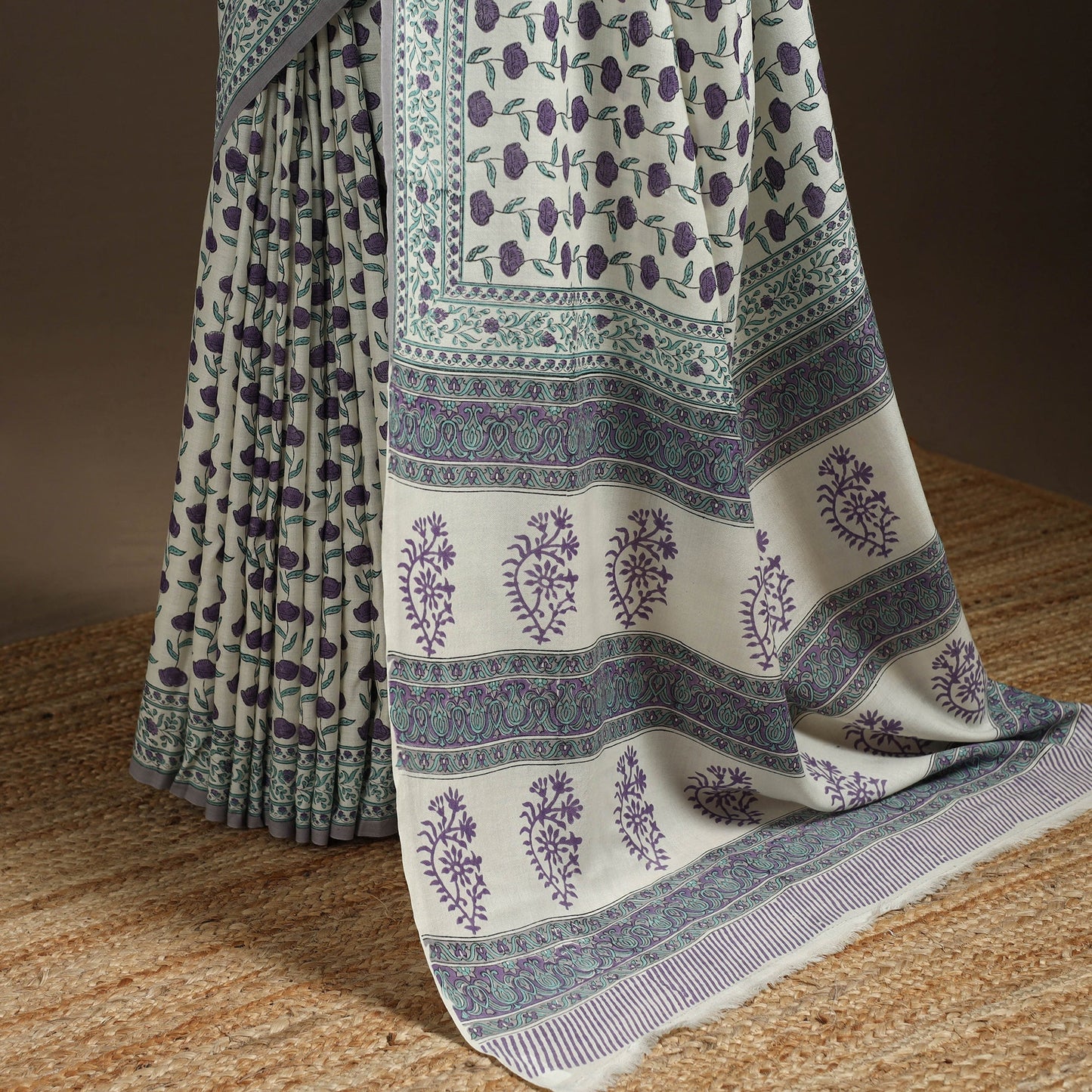 Purple - hand merino wool sanganeri saree 08 - handcrafted