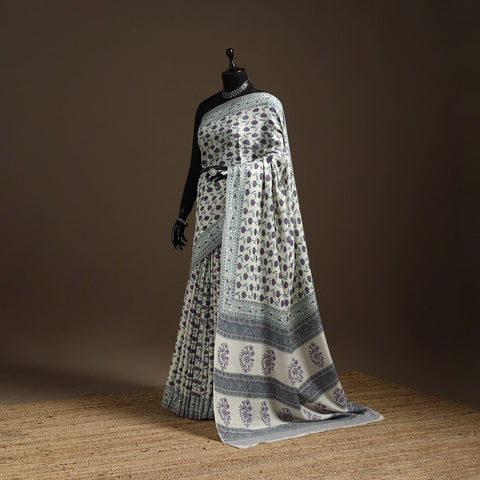 Purple - hand merino wool sanganeri saree 08 - handcrafted