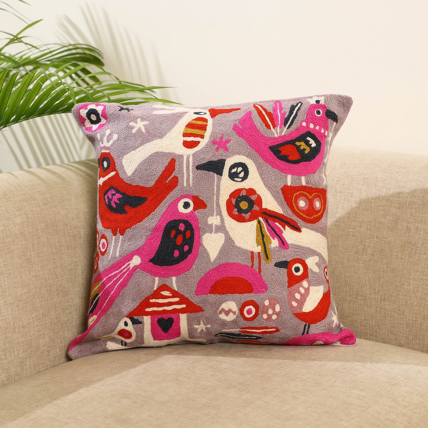 Purple Wool Thread Crewel Embroidery Cushion Cover