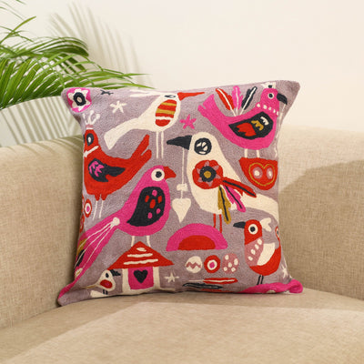 Purple Wool Thread Crewel Embroidery Cushion Cover