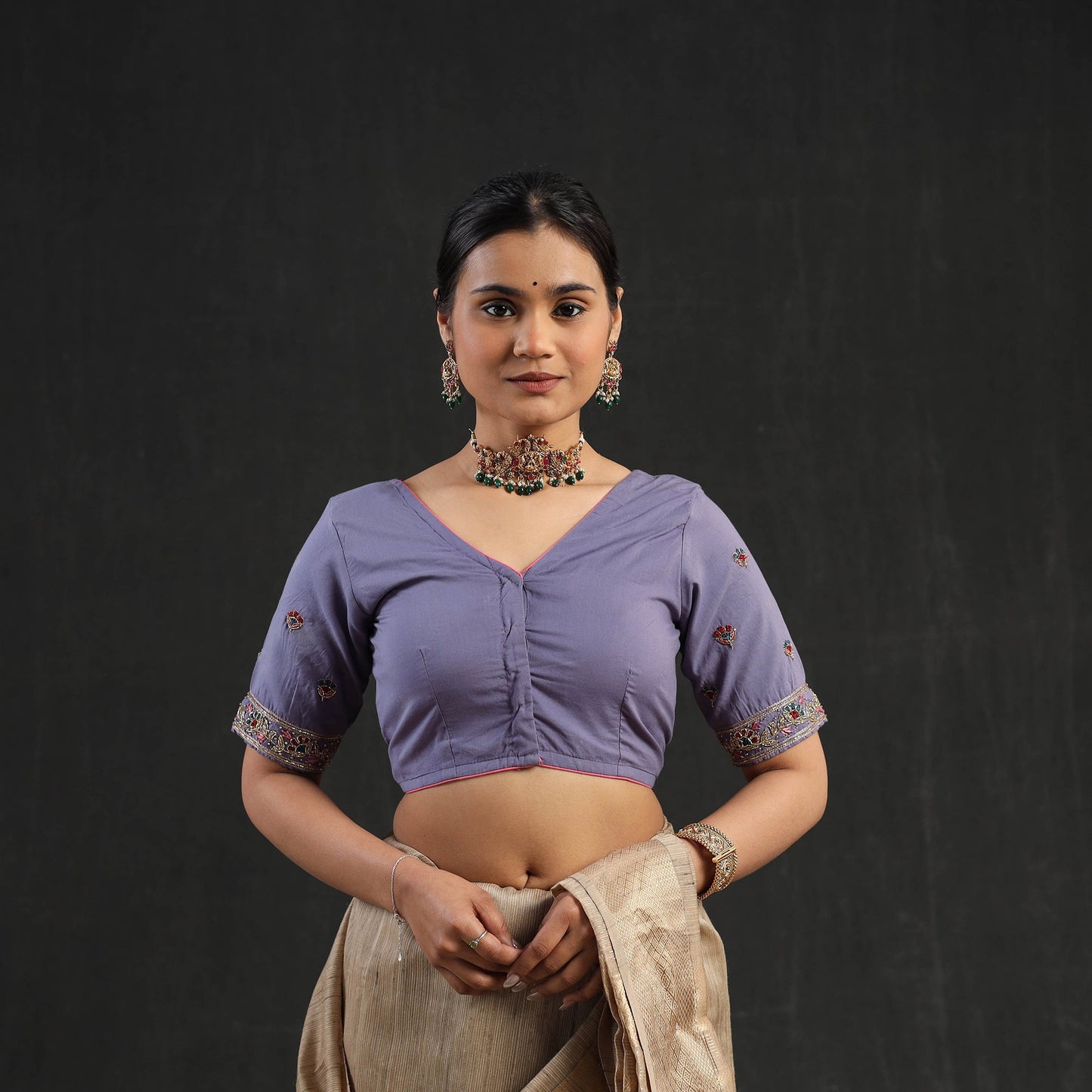 Purple - zardozi hand embroidery cotton blouse 13