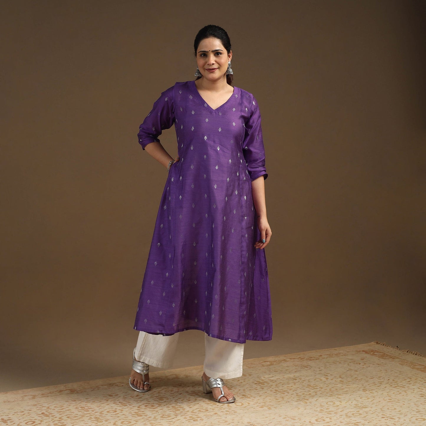 Purple Zari Buti A-Line Spun Dupion Silk Kurta for Women
