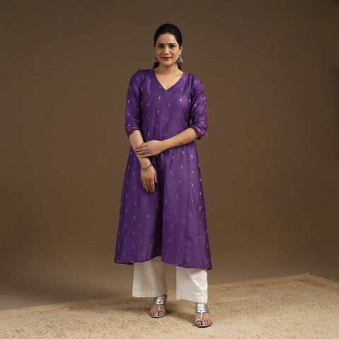 Purple Zari Buti A-Line Spun Dupion Silk Kurta for Women