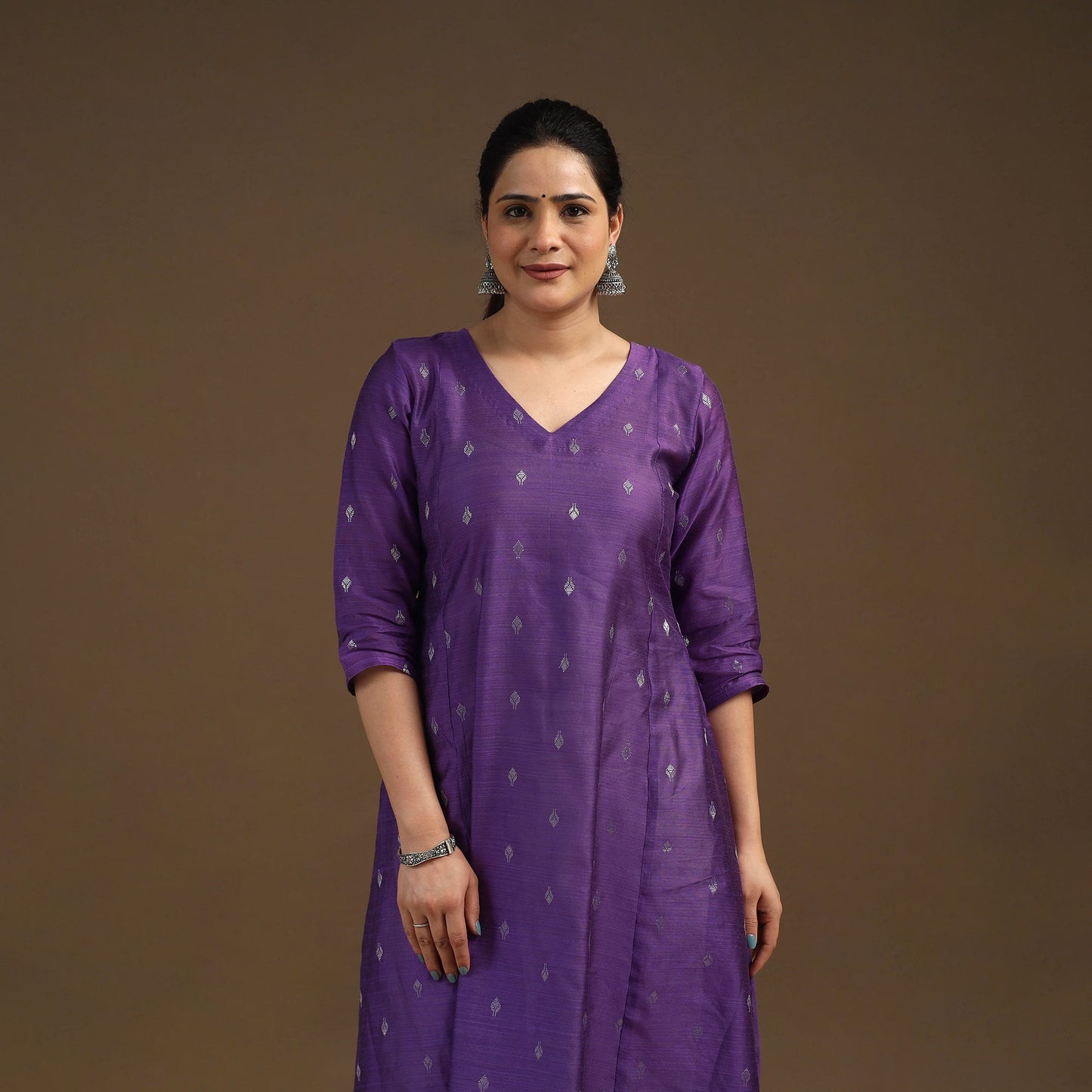 Purple Zari Buti A-Line Spun Dupion Silk Kurta for Women