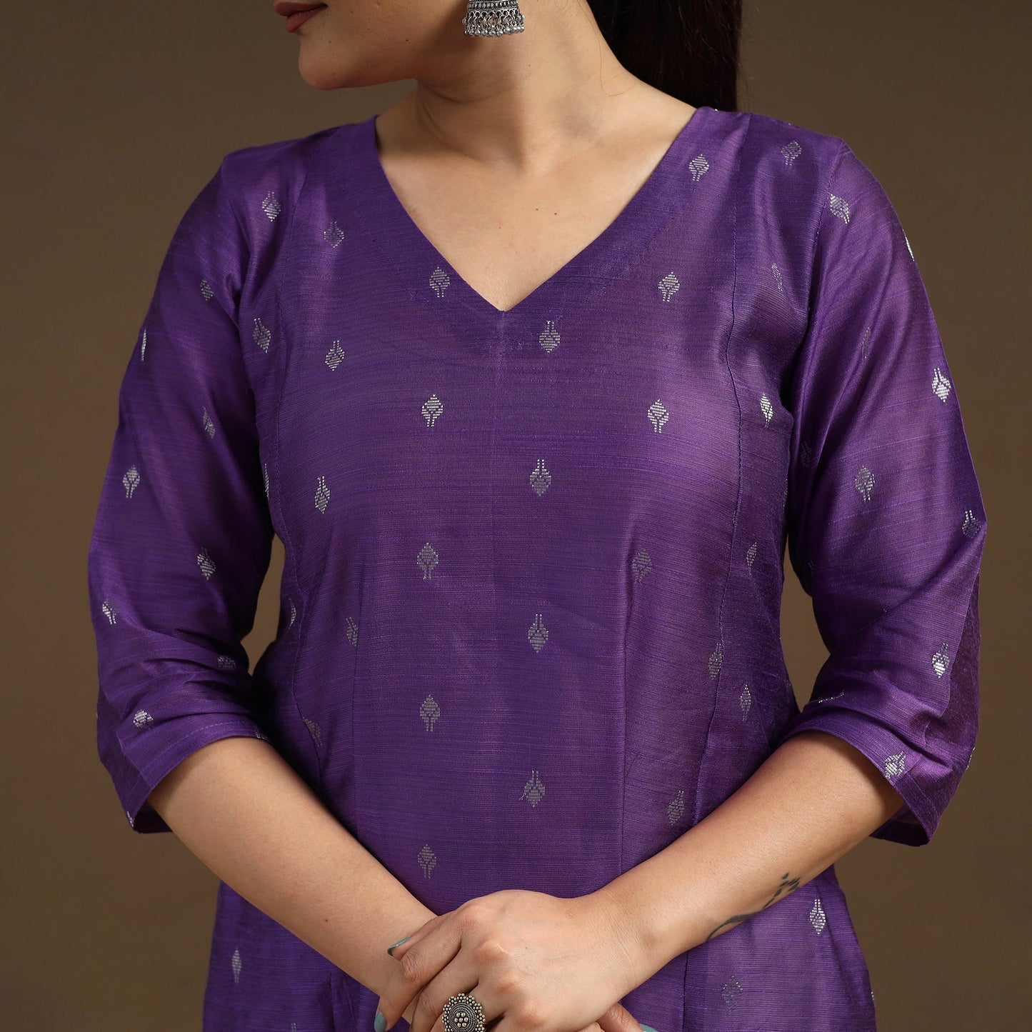 Purple Zari Buti A-Line Spun Dupion Silk Kurta for Women