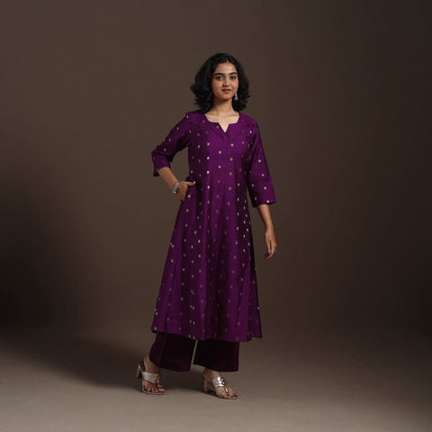 Purple Zari Buti A-Line Spun Dupion Silk Kurta Set (Set of 2)