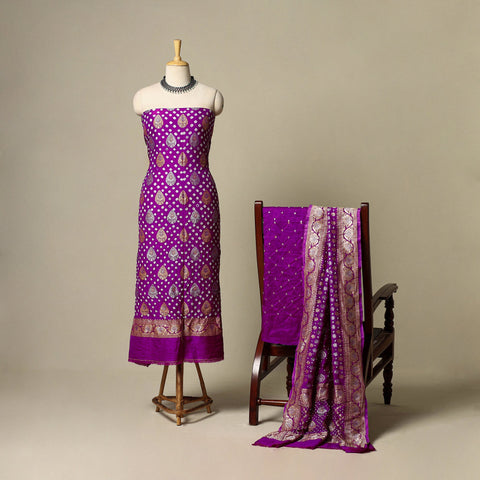 Purple - zari work dupion silk 3pc unstitched bandhani
