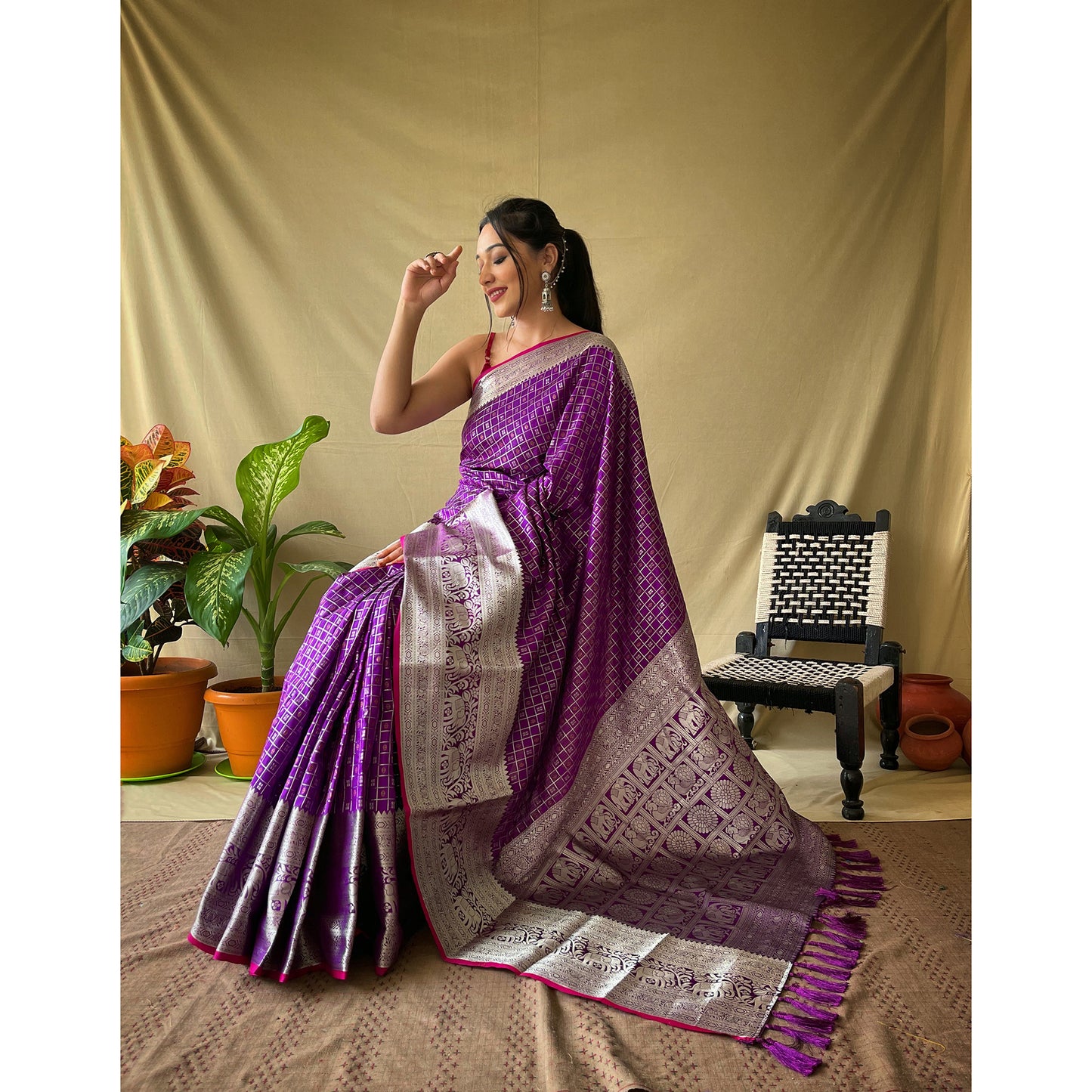 Khicha Checks Purple Litchi Silk Handwork Saree