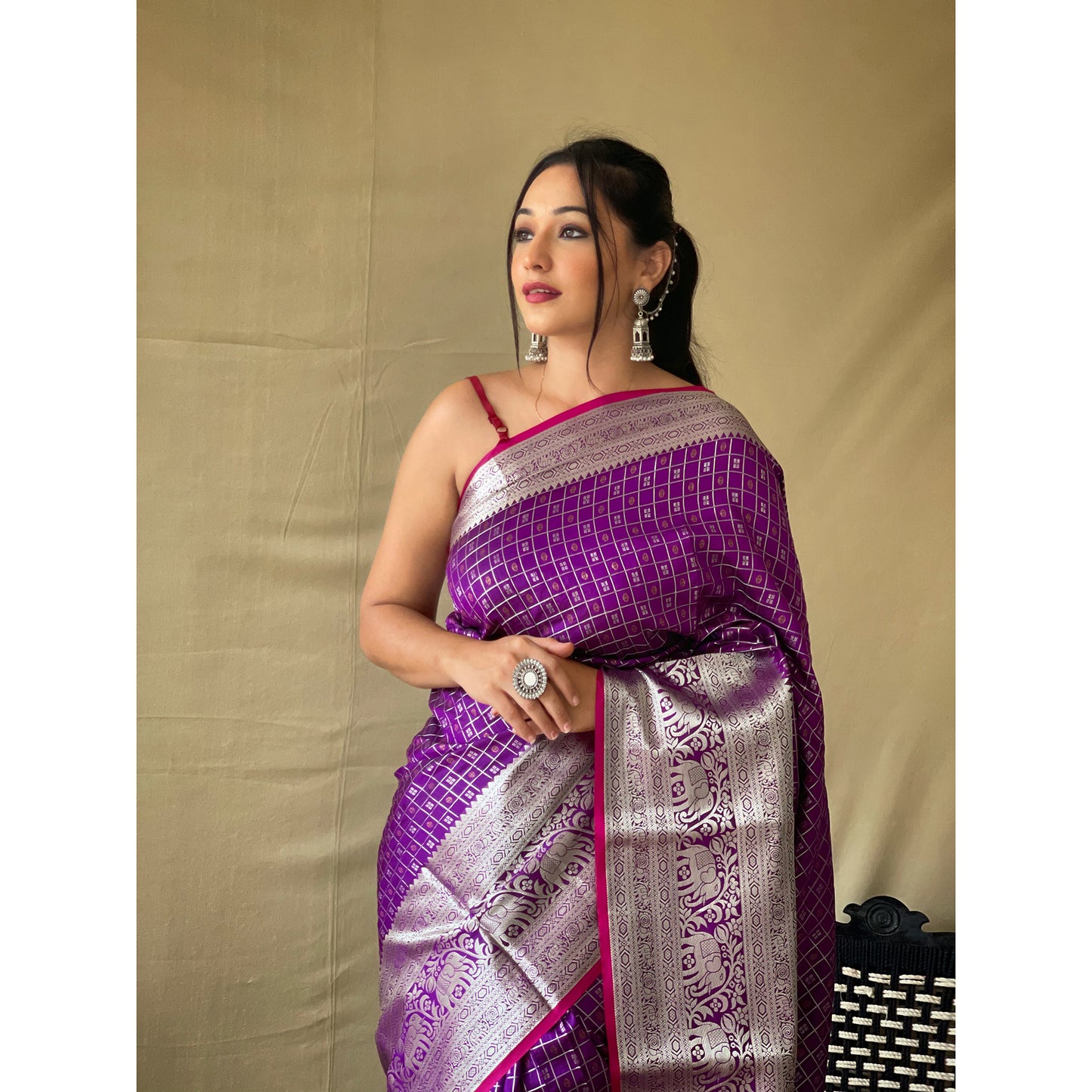 Khicha Checks Purple Litchi Silk Handwork Saree