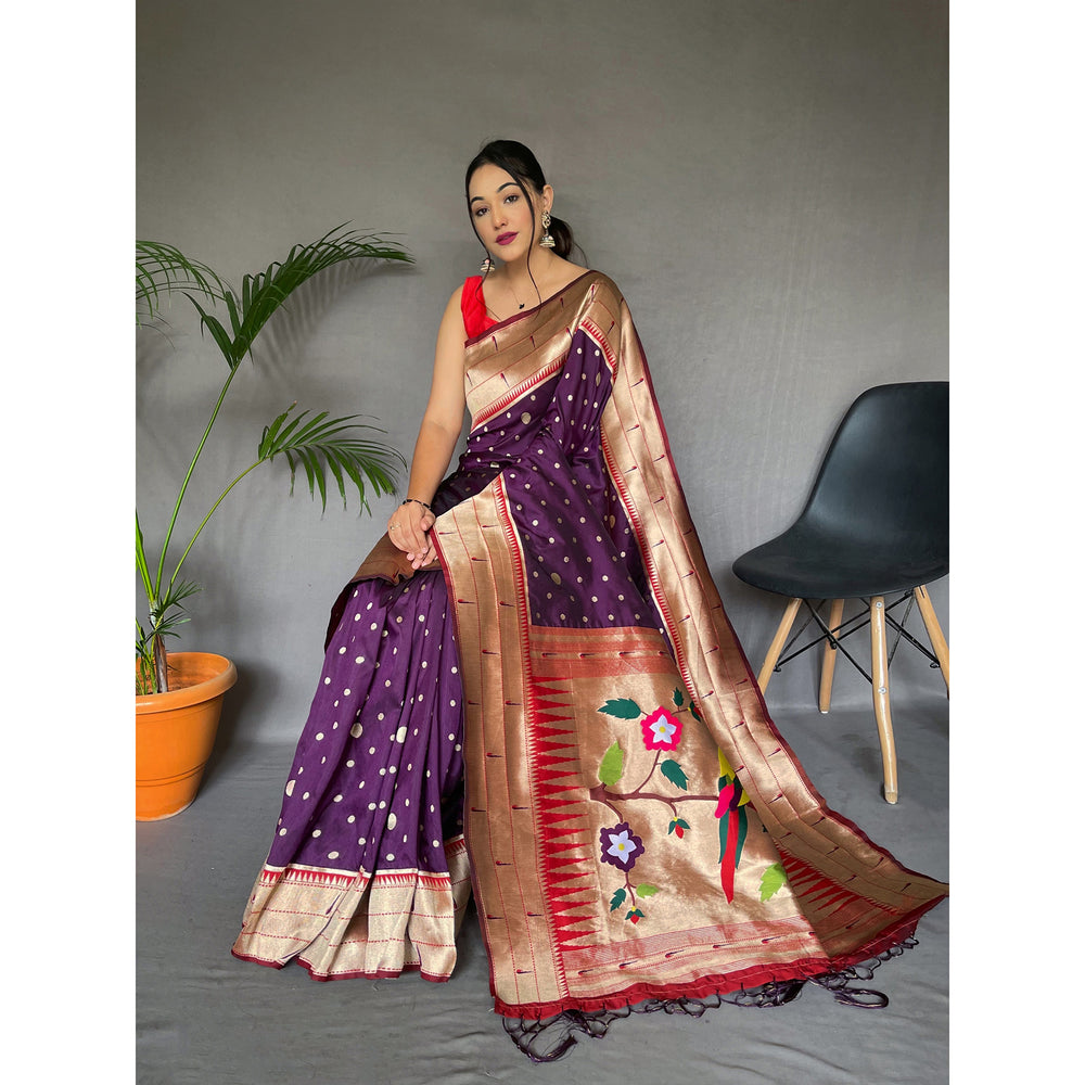 Polka Paithani Purple Paithani Silk Handwork Saree