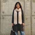 Beige Pyramid Zari Weave Fine Wool Stole, worn by a woman, AI visual of the stole, iTokri