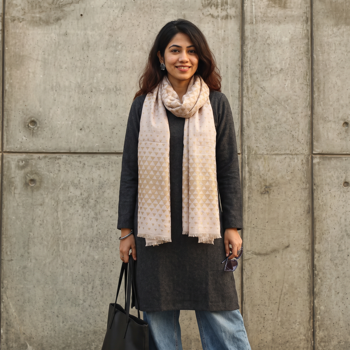 Beige Pyramid Zari Weave Fine Wool Stole, worn by a woman, AI visual of the stole, iTokri